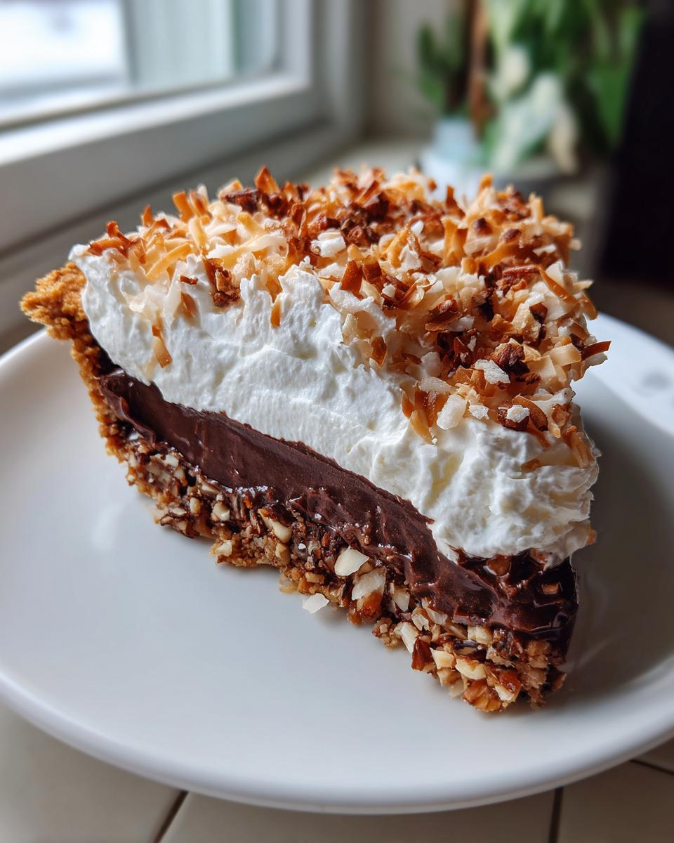 A decadent slice of no-bake german chocolate pie featuring a nutty crust, rich chocolate filling, whipped cream, and toasted coconut.