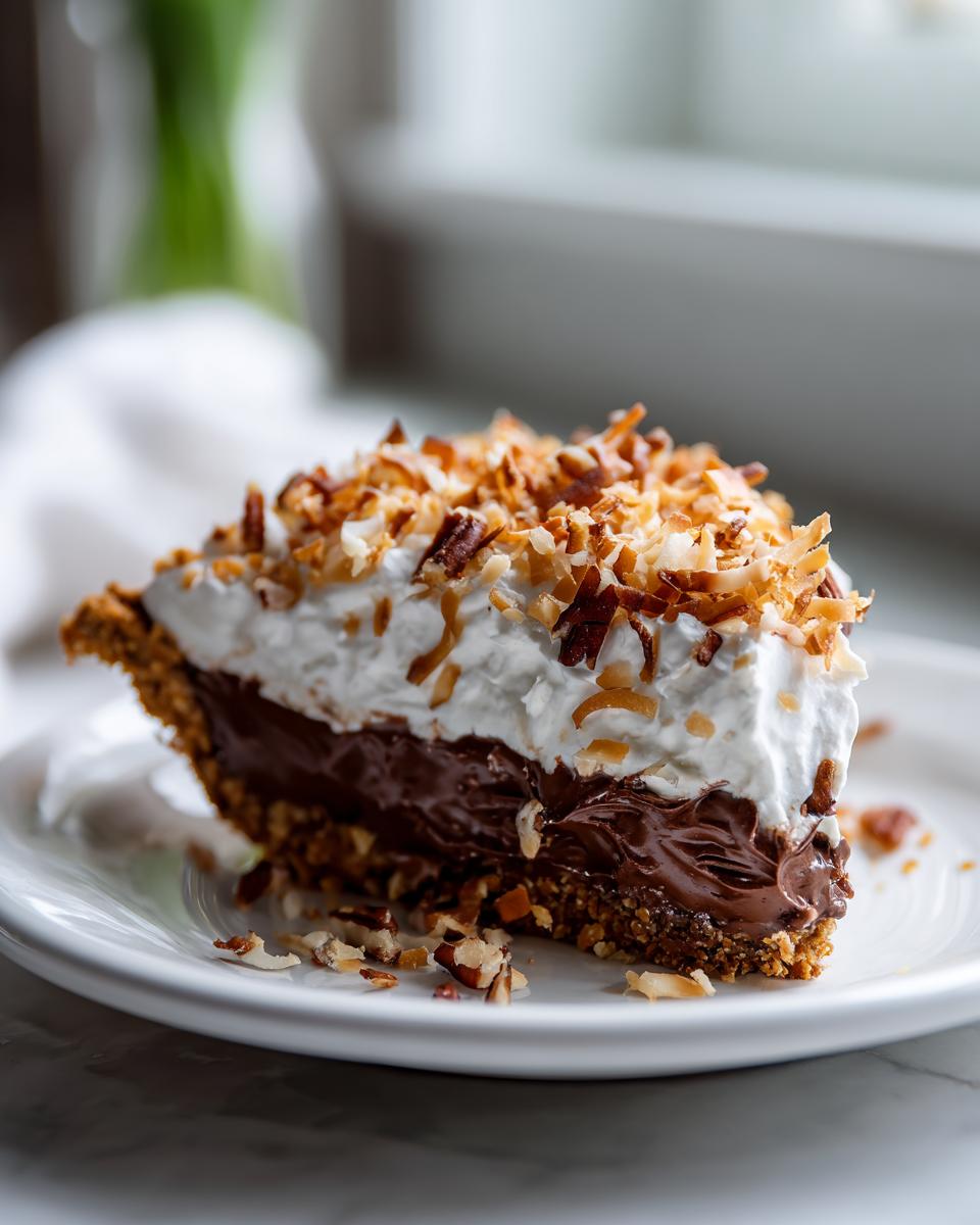 A decadent slice of no-bake german chocolate pie showing chocolate filling, whipped cream, and toasted coconut pecan topping.