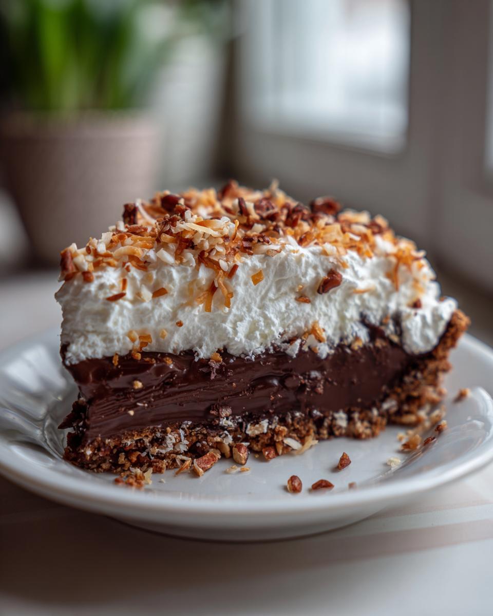 A decadent slice of no-bake german chocolate pie featuring a thick chocolate layer, whipped cream, and toasted coconut pecan topping.