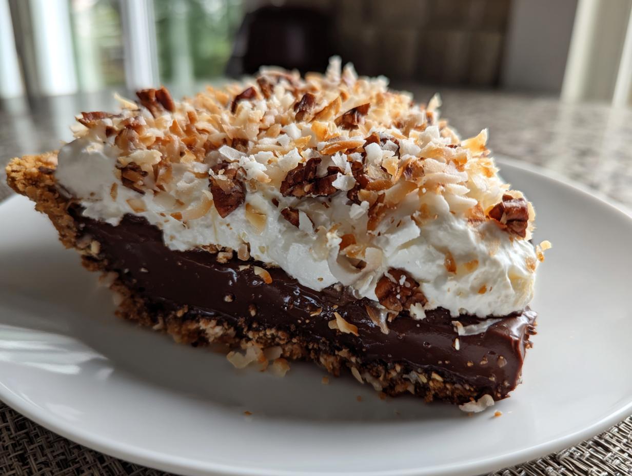 A close-up of a rich slice of no-bake german chocolate pie showing chocolate filling, whipped topping, and toasted coconut pecans.