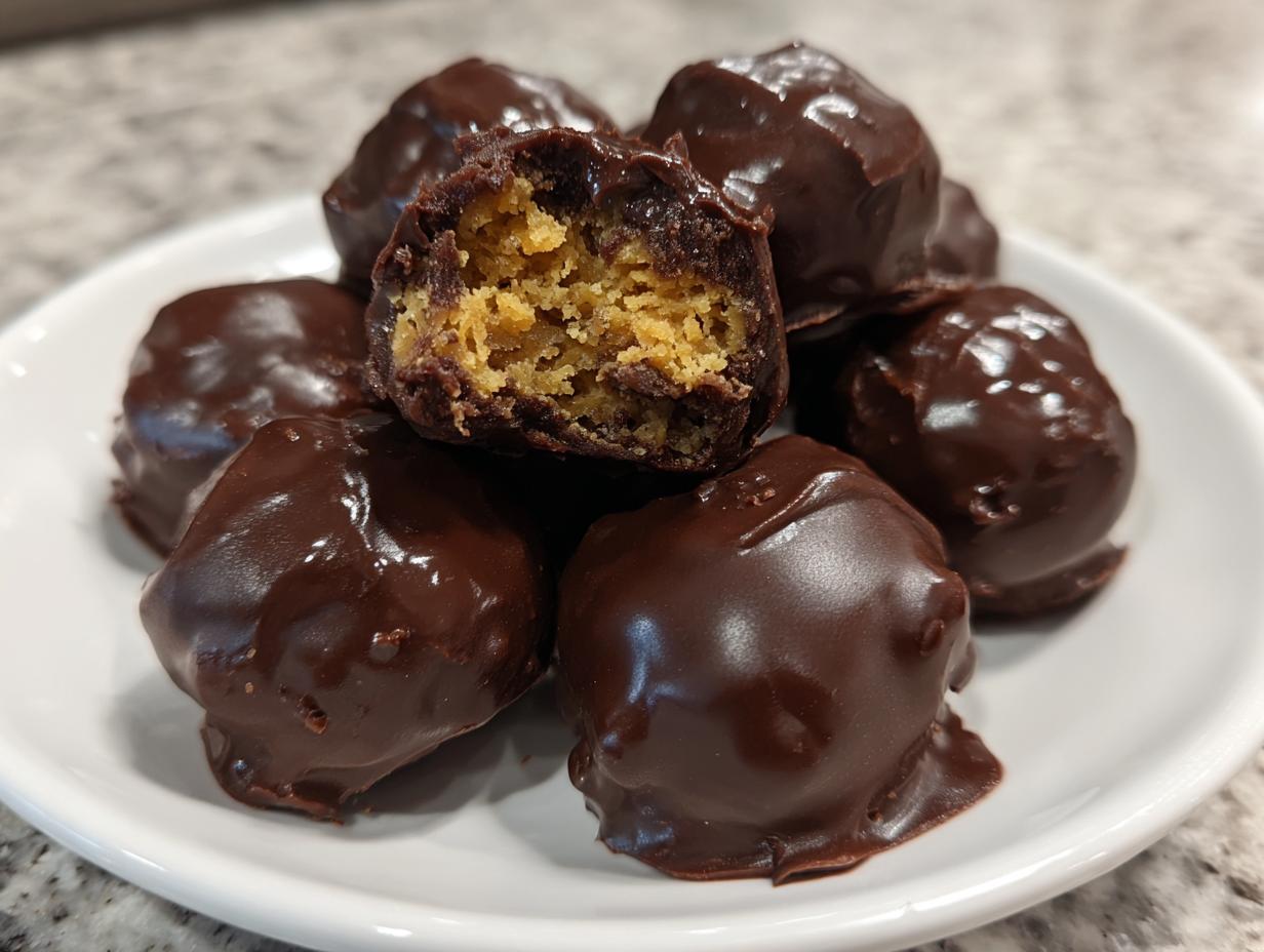 A stack of glossy, chocolate-dipped pecan pie balls, with one cut open showing the textured, golden filling.