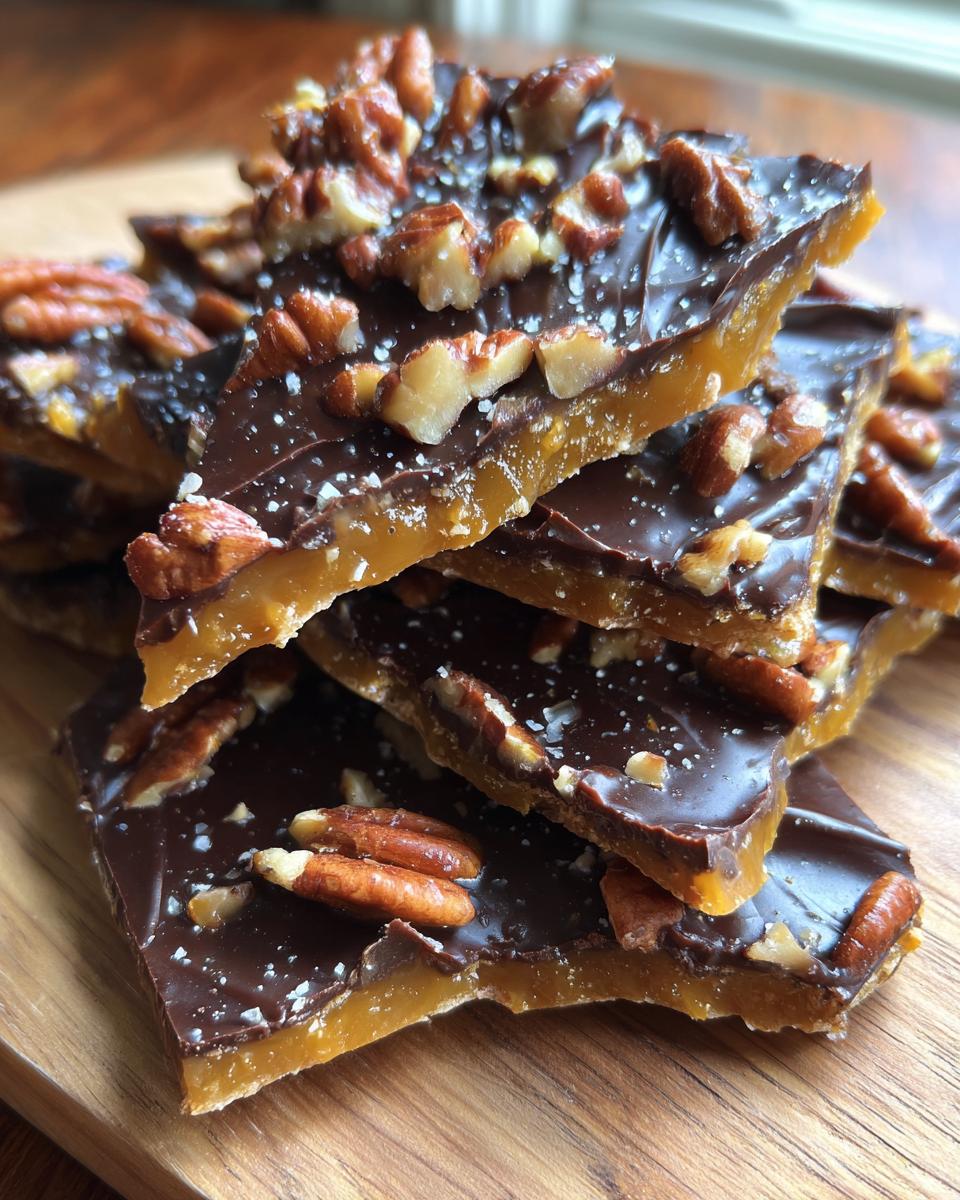 A stack of broken pieces of no-bake Pecan Pie Bark featuring a caramel base, dark chocolate topping, and chopped pecans.