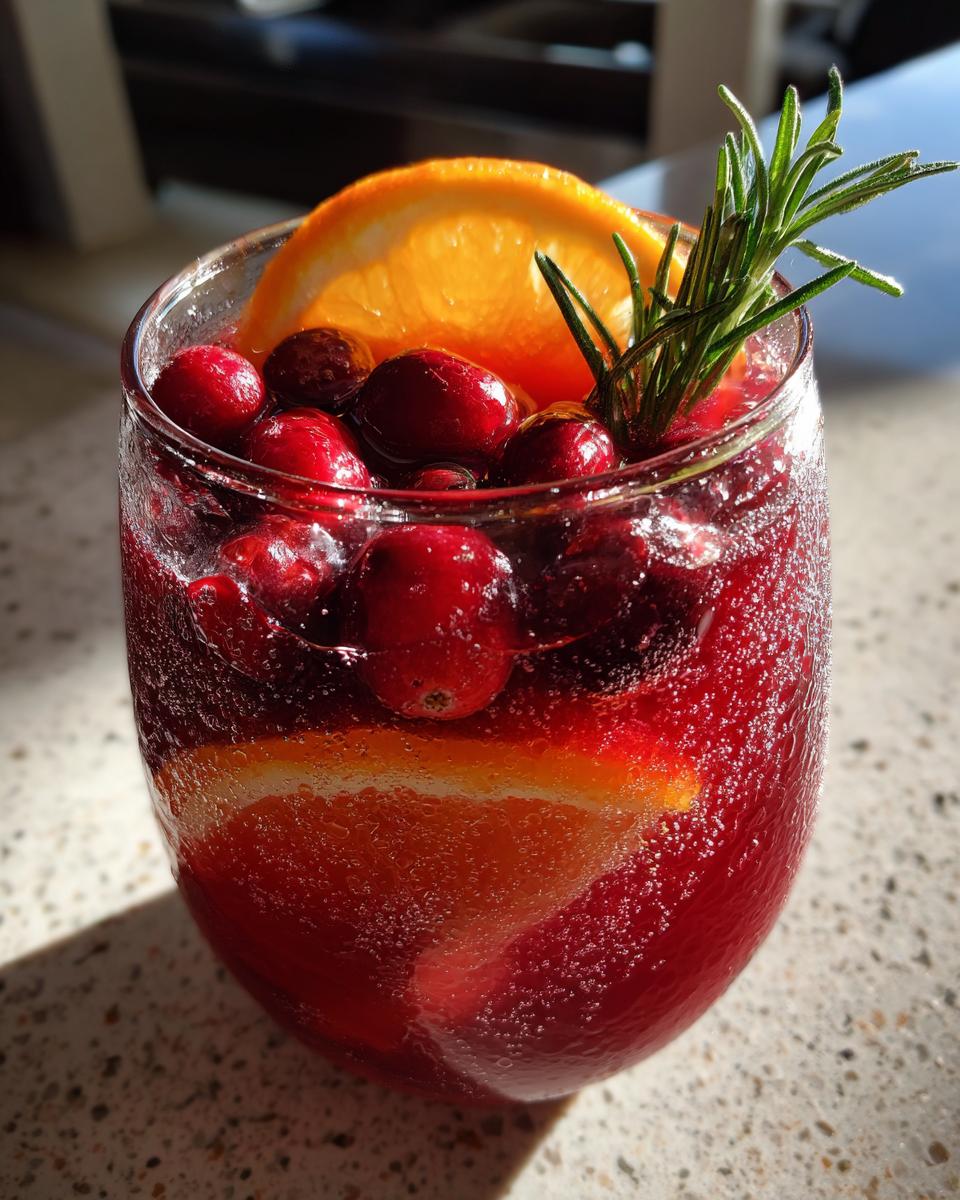 Close-up of a glass filled with bubbly, deep red non-alcoholic christmas punch garnished with fresh cranberries, an orange slice, and rosemary.