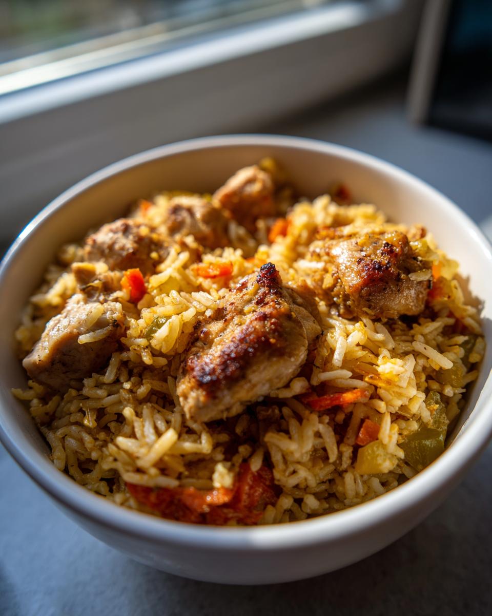 Close-up of a white bowl filled with seasoned one pot chicken and rice, featuring browned chicken pieces and visible vegetables.