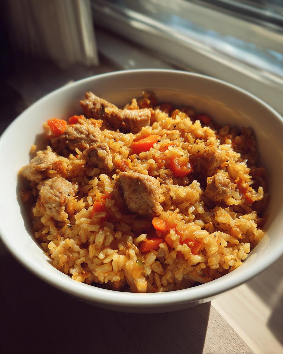 A white bowl filled with seasoned one pot chicken and rice mixed with bright orange carrots, highlighted by natural light.