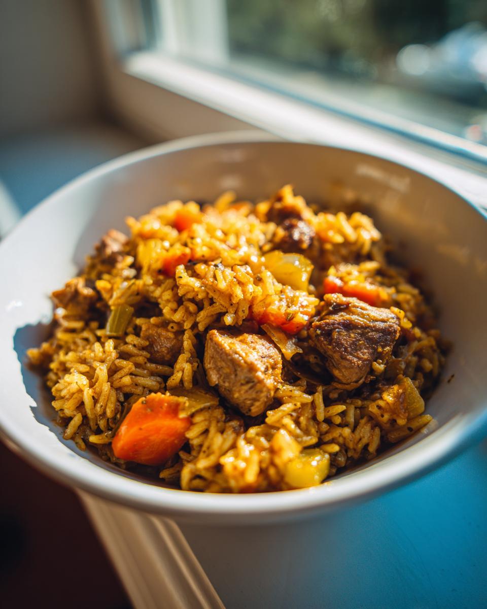 Close-up of a bowl filled with flavorful one pot chicken and rice, featuring seasoned rice, chunks of chicken, and visible carrots.