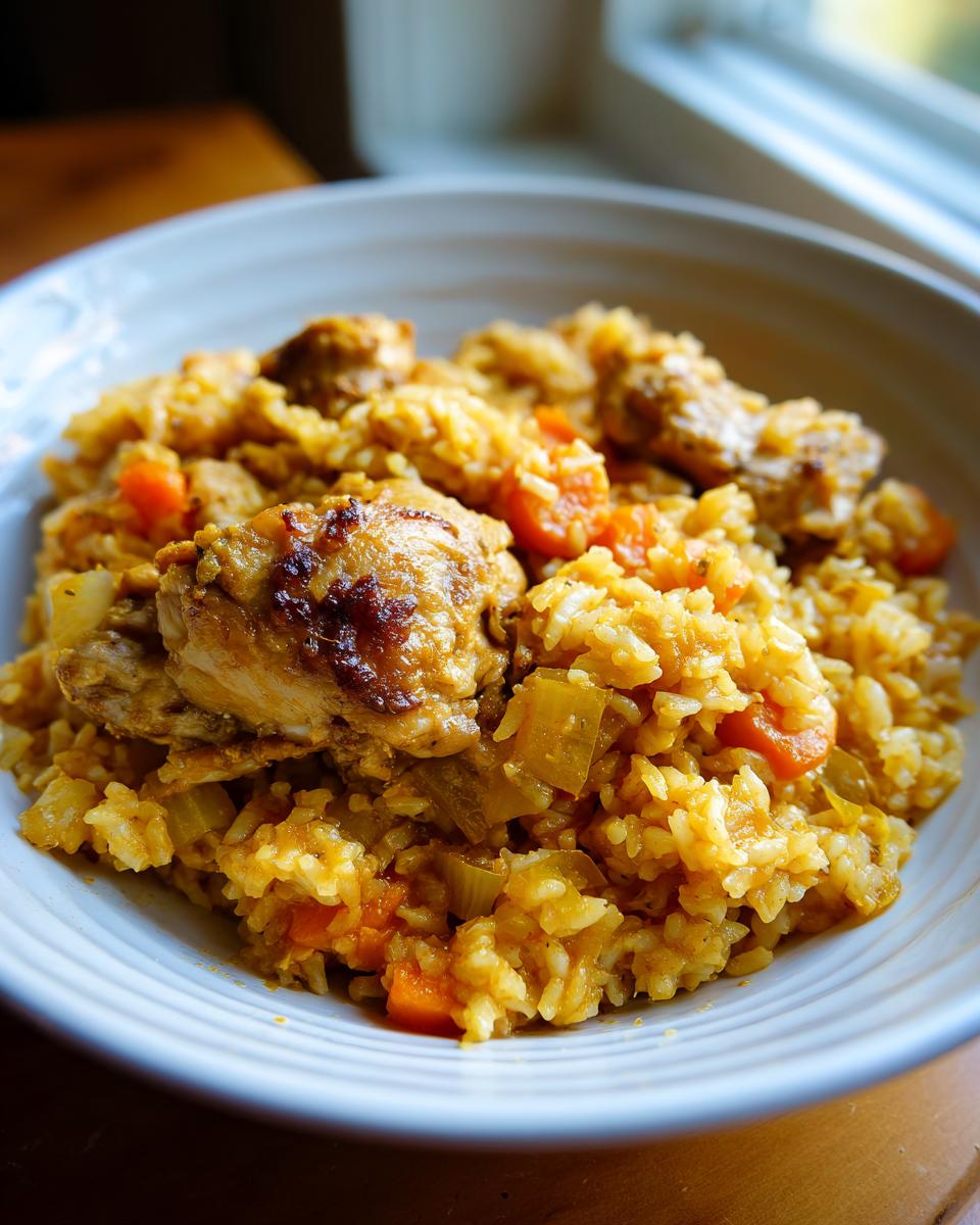 A close-up of a serving of flavorful one pot chicken and rice mixed with carrots and onions in a white bowl.
