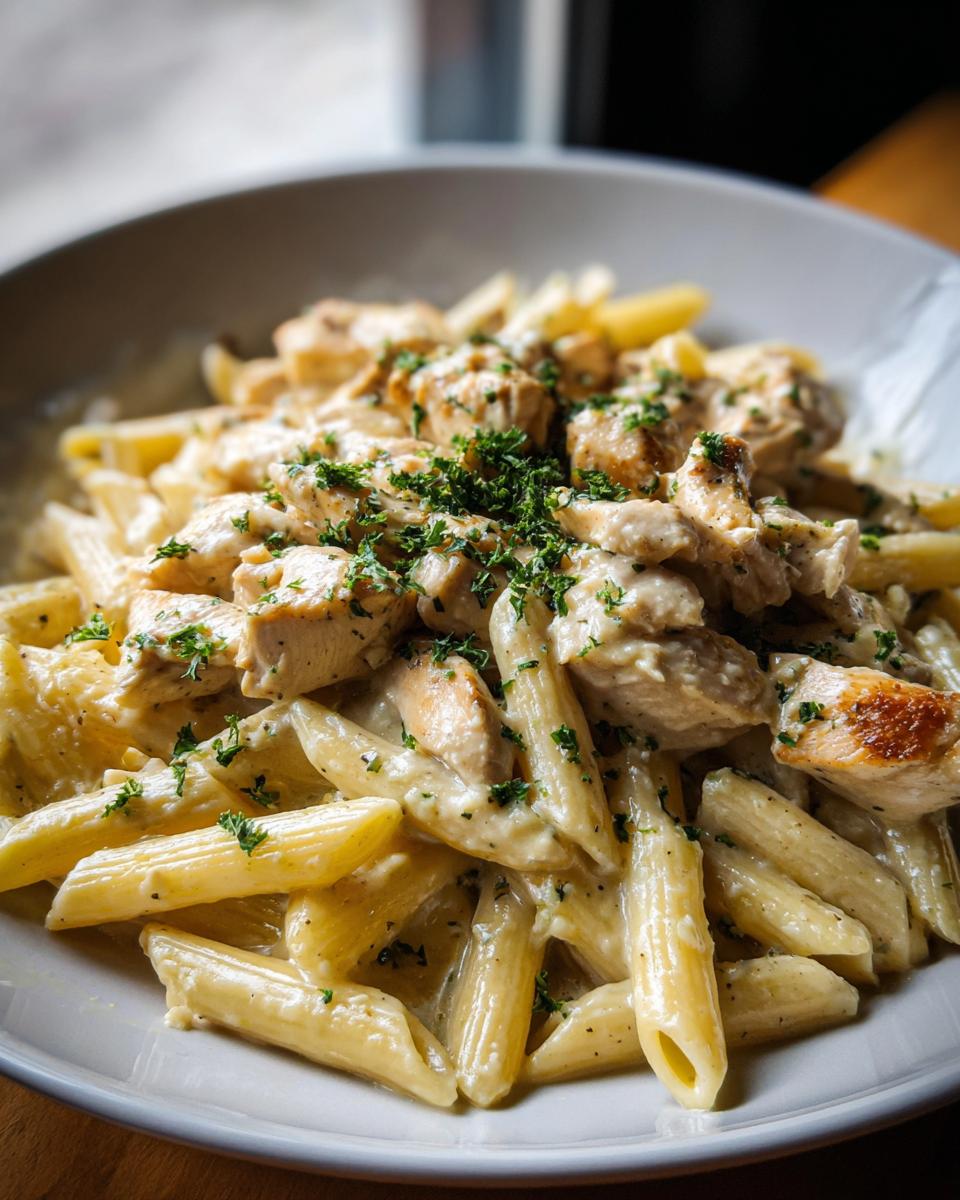 Close-up of penne pasta coated in a creamy sauce with chunks of chicken, seasoned with garlic parmesan and parsley.