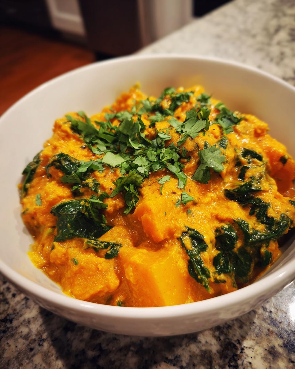Close-up of a hearty bowl of orange pumpkin curry with chunks of squash and spinach, topped with fresh cilantro.