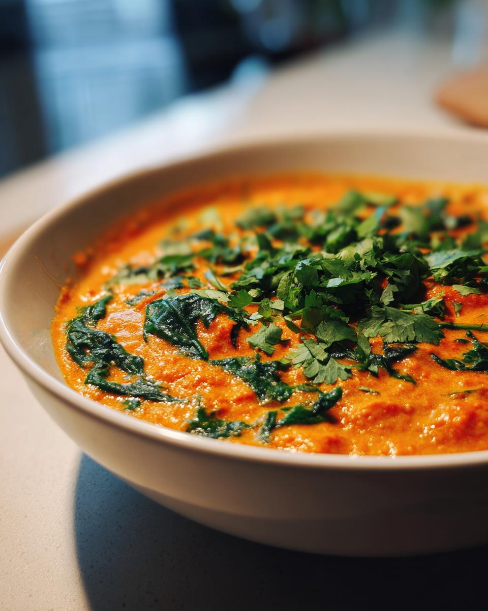 Close-up of a creamy, orange pumpkin curry topped with wilted spinach and fresh cilantro.
