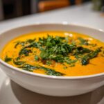 Close-up of a vibrant orange pumpkin curry with wilted spinach and topped generously with fresh chopped cilantro.