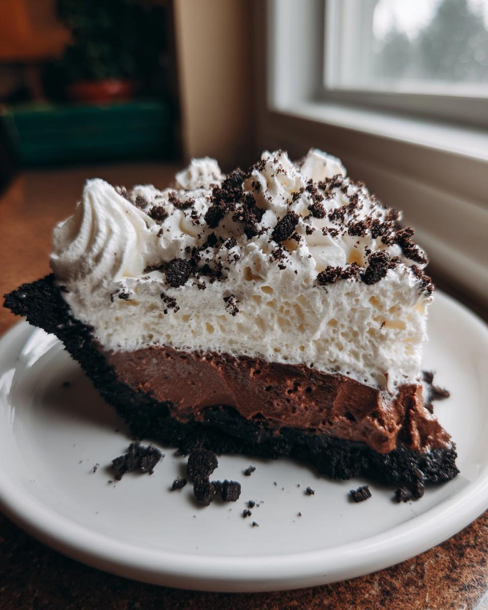 A close-up slice of rich Oreo pie showing a dark crust, chocolate filling, and whipped cream topping with cookie crumbs.
