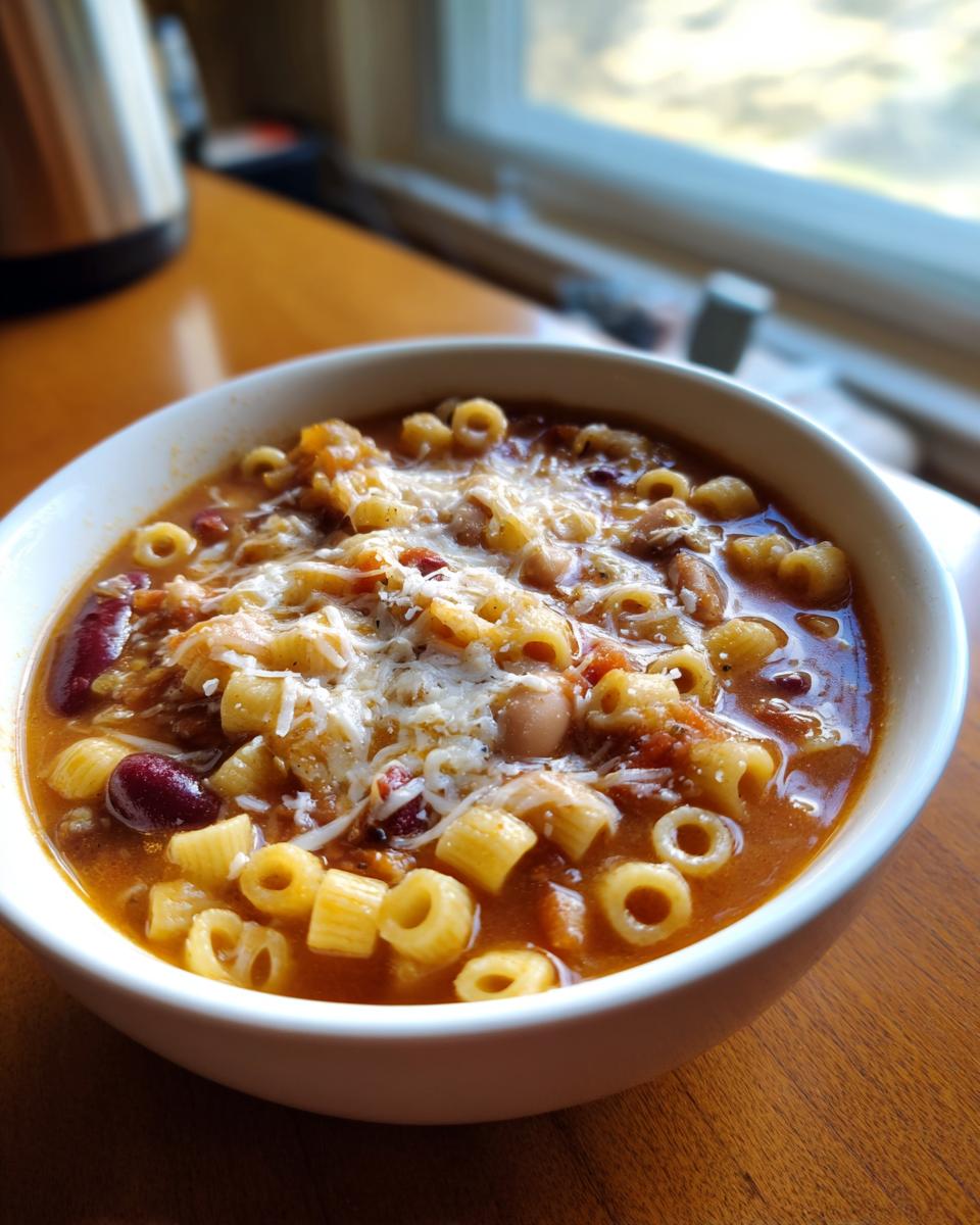 Close-up of a white bowl filled with rich pasta e fagioli soup, topped with melted Parmesan cheese.