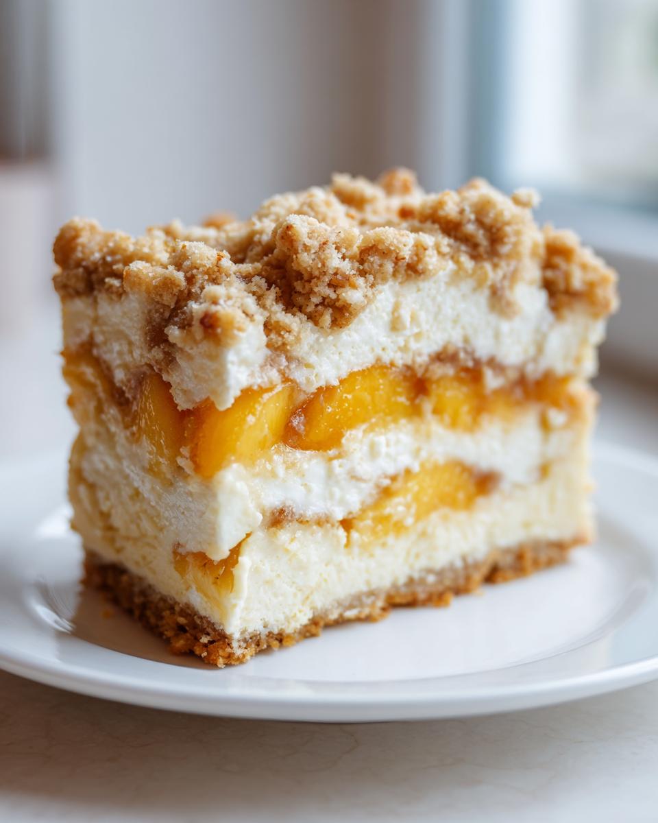 A tall, layered slice of peach cobbler cheesecake featuring a graham cracker crust, creamy filling, and peach layers, topped with crumble.