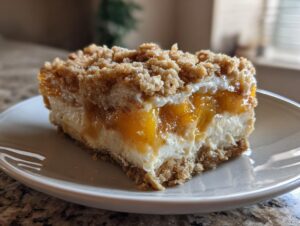 A close-up of a rich slice of peach cobbler cheesecake showing layers of crust, cream cheese filling, and peach topping under a crumble.