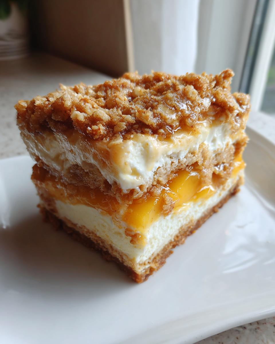 Close-up of a layered square slice of peach cobbler cheesecake featuring a graham cracker crust, creamy filling, peach layer, and crumble topping.