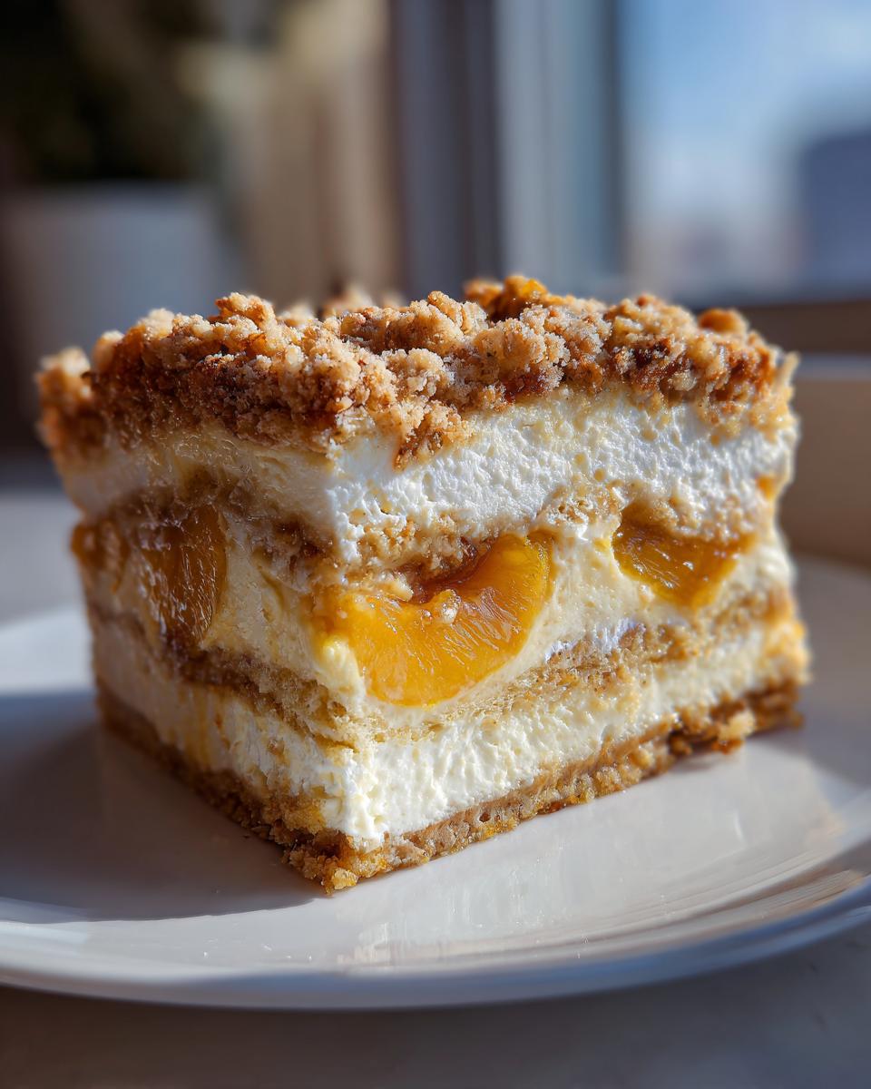Close-up of a layered slice of peach cobbler cheesecake showing creamy filling, peaches, and a crumb topping.