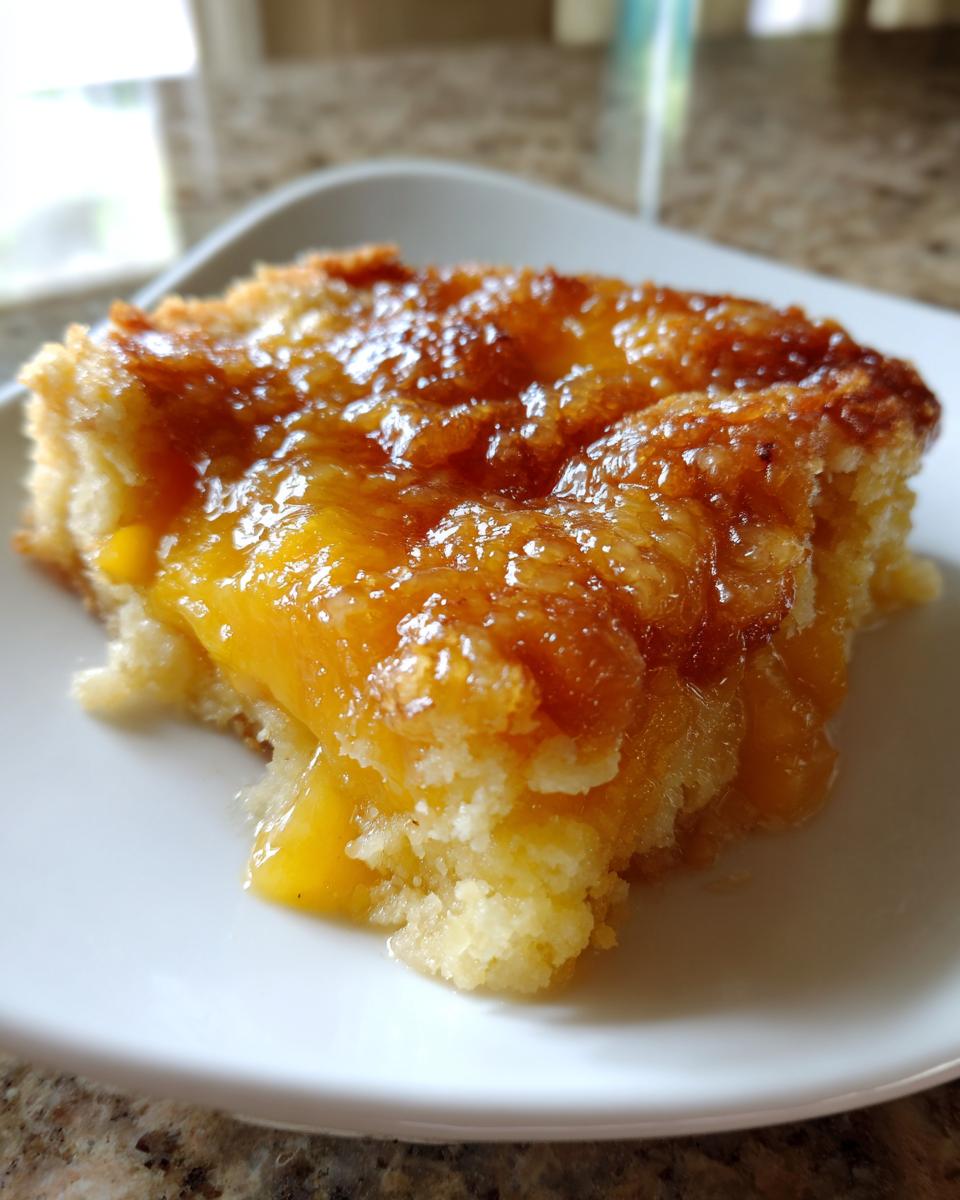 Close-up of a square slice of warm peach cobbler showing bright yellow fruit and a sticky, caramelized topping.