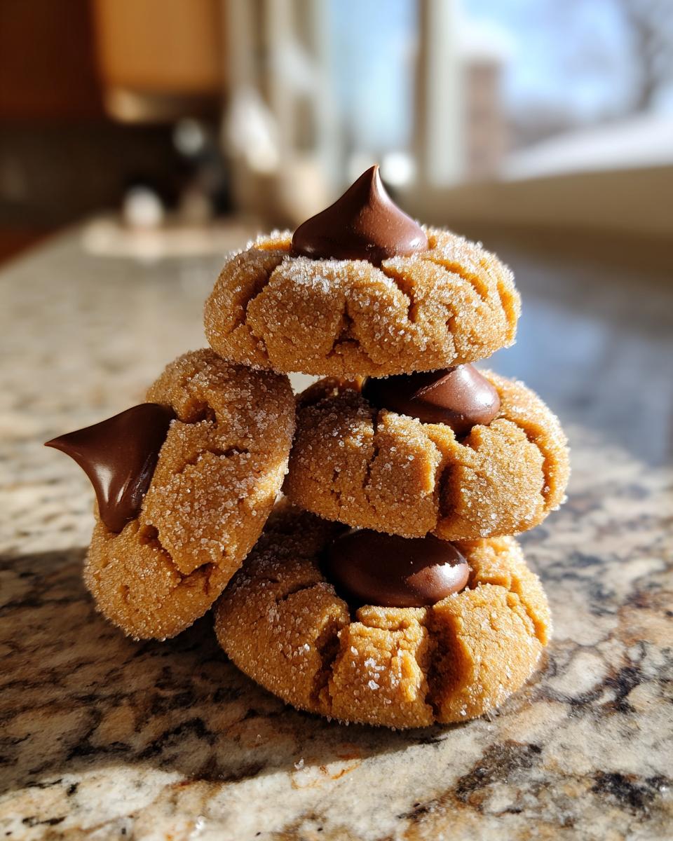 A stack of four sugary peanut butter blossom cookies topped with chocolate kisses, sitting on a granite countertop.