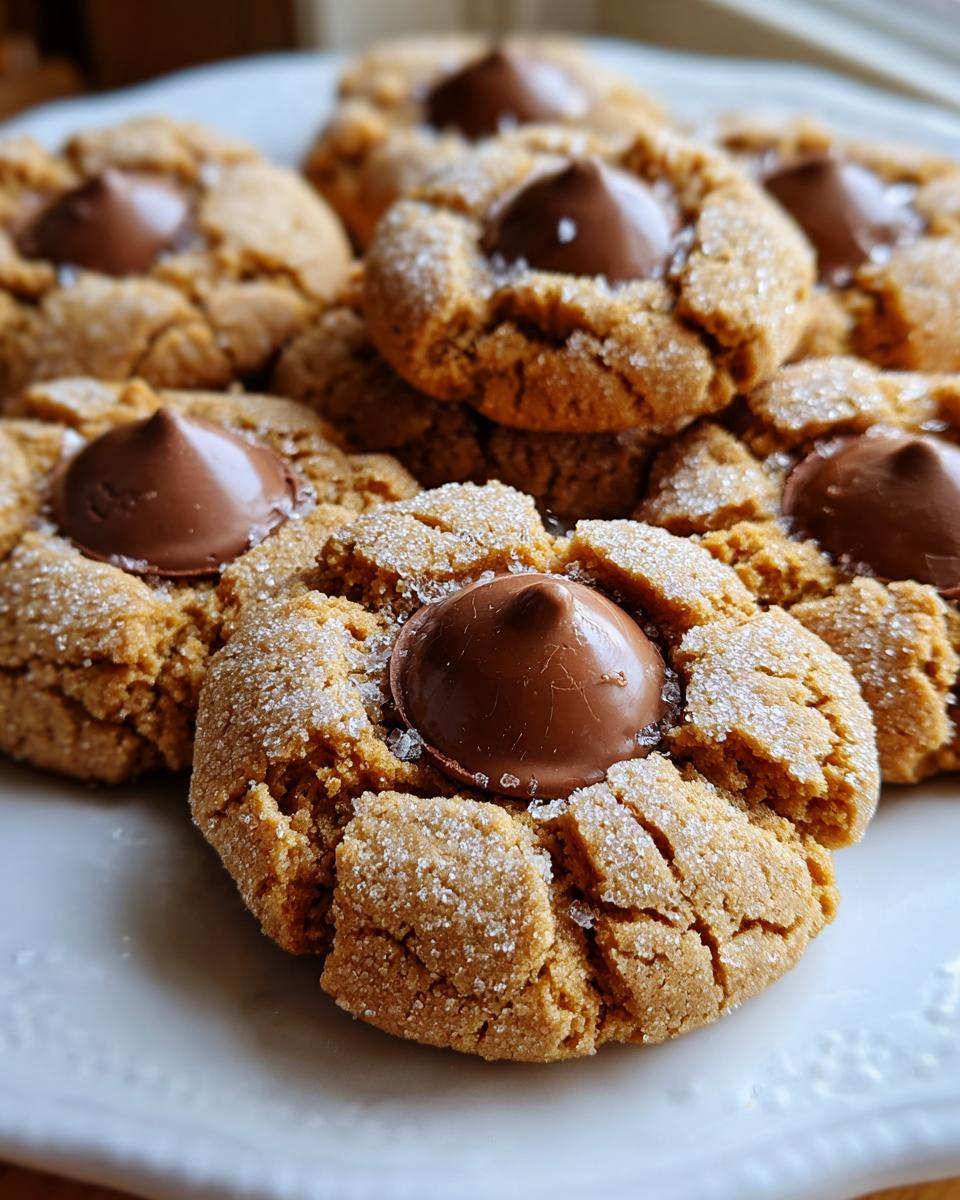 A close-up of several freshly baked peanut butter kiss cookies, rolled in sugar and topped with a chocolate kiss.