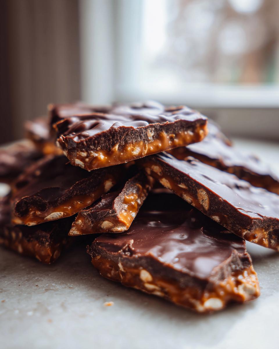 A stack of broken pieces of rich chocolate peanut butter pretzel bark showing the crunchy interior.