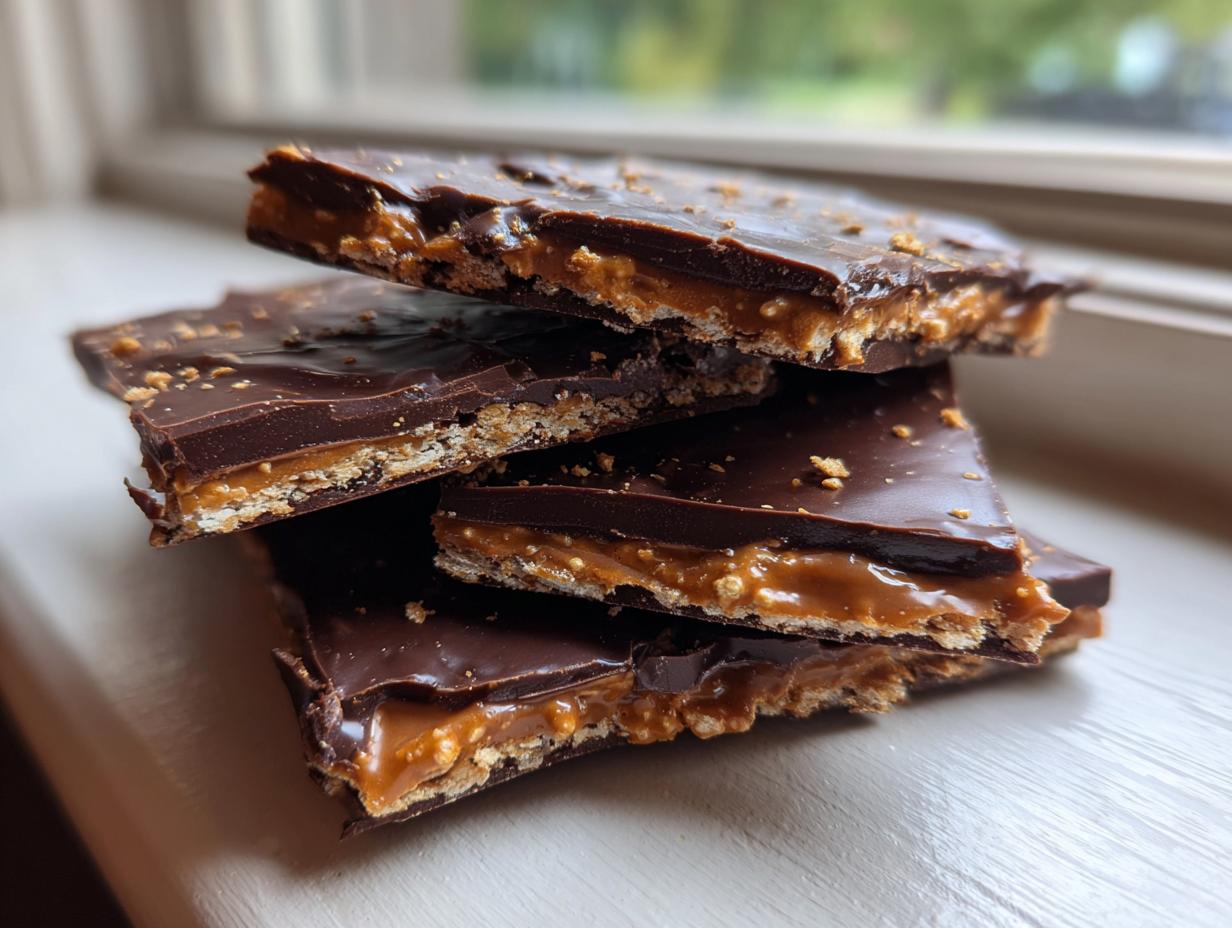 Four stacked pieces of rich peanut butter pretzel bark showing layers of dark chocolate, peanut butter filling, and crushed pretzels.