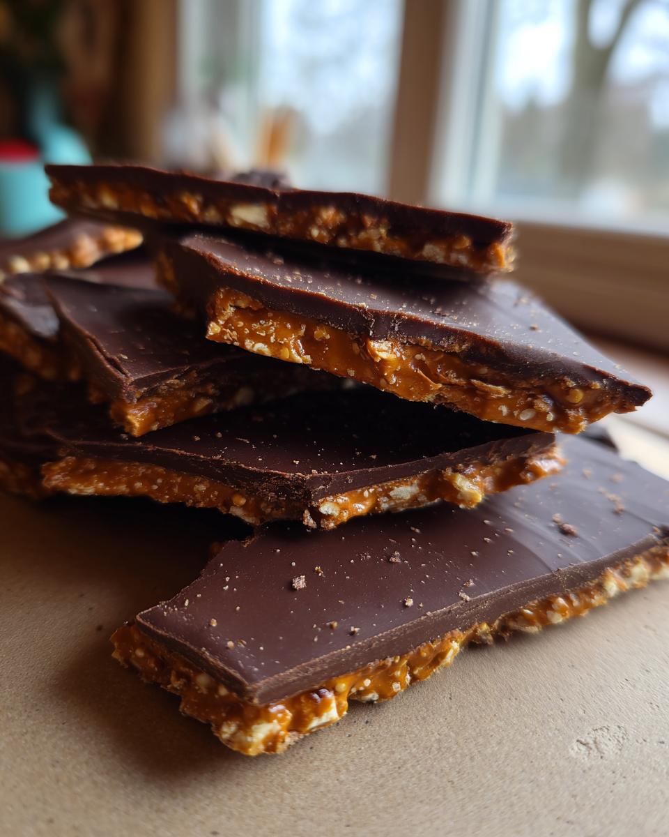 Close-up of stacked pieces of peanut butter pretzel bark showing the thick dark chocolate top and crunchy peanut butter layer.