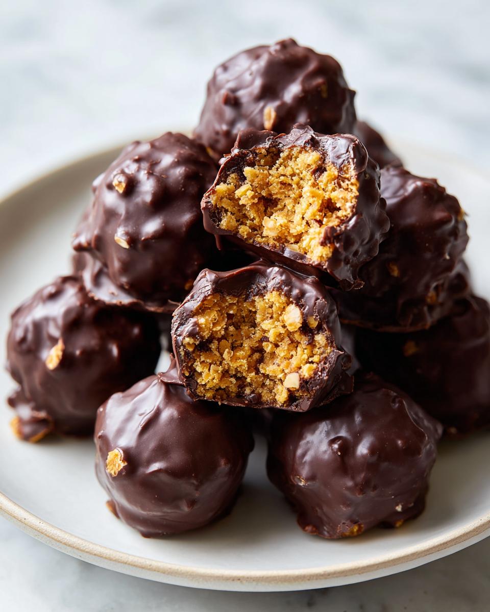 A stack of rich, chocolate-covered pecan pie balls, with one cut in half showing the textured, nutty interior.