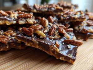 Close-up of broken pieces of no-bake Pecan Pie Bark topped with chocolate, pecans, and sea salt.