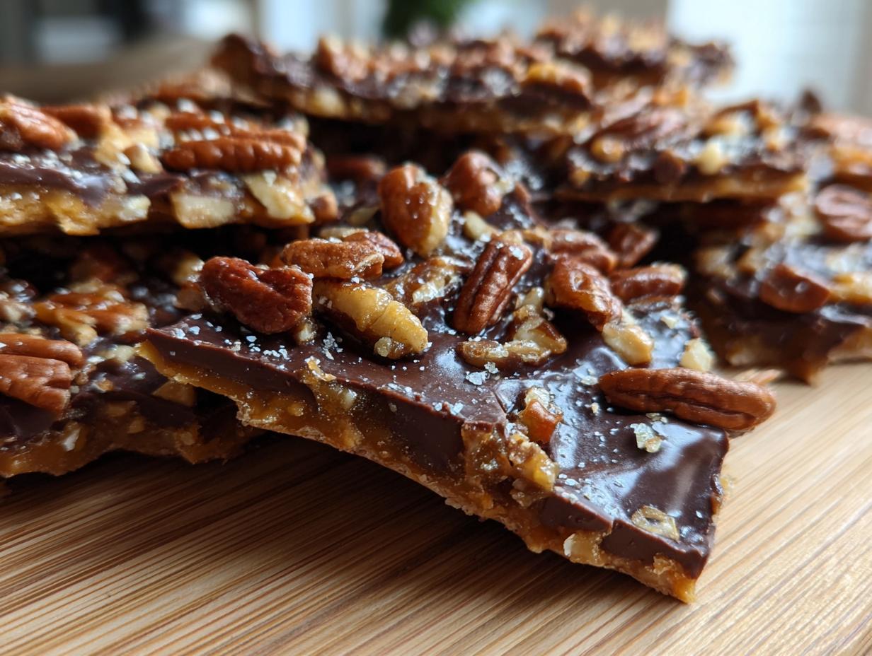 Close-up of broken pieces of no-bake Pecan Pie Bark topped with chocolate, pecans, and sea salt.