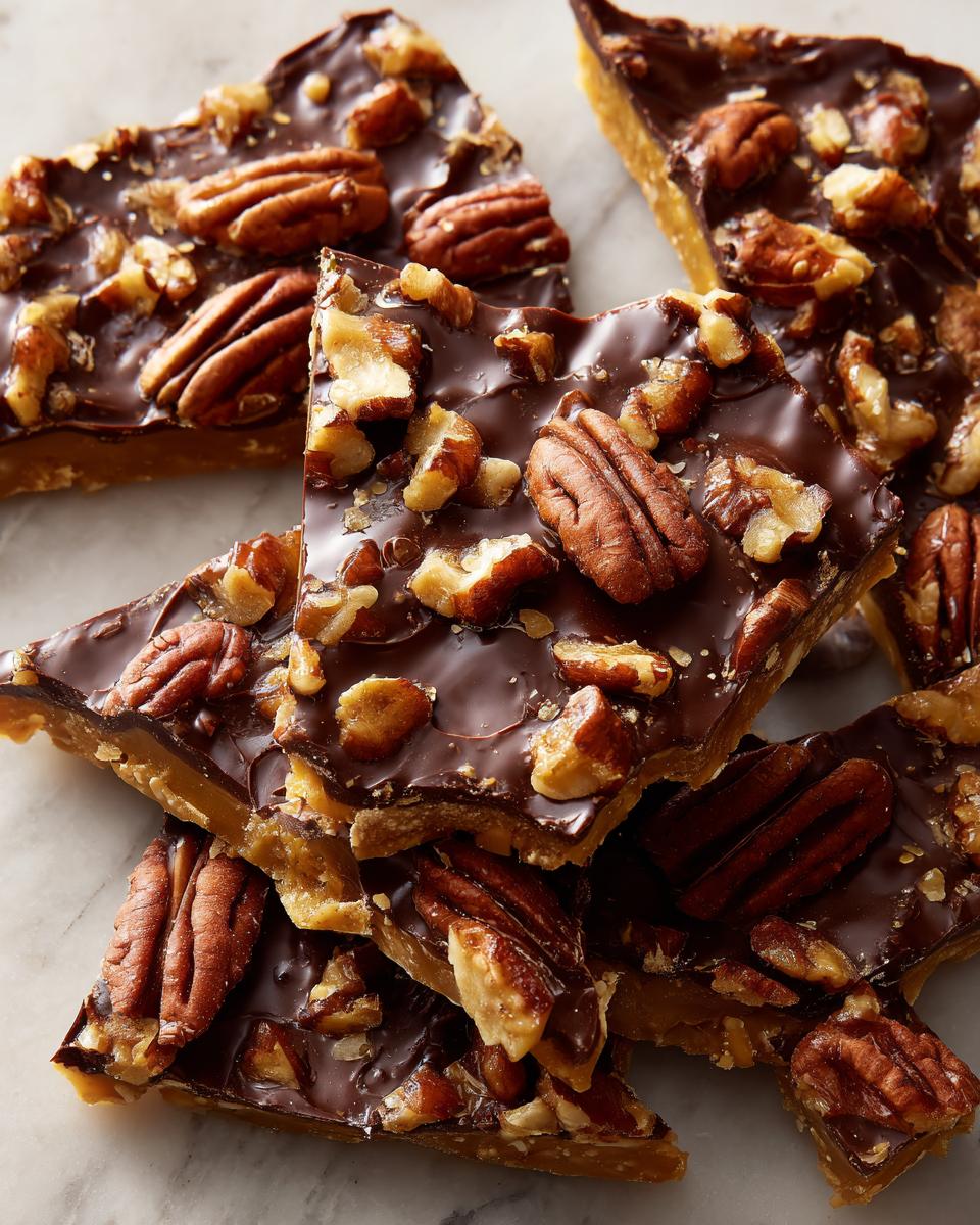 Close-up of broken pieces of rich Pecan Pie Bark topped with whole and chopped pecans.