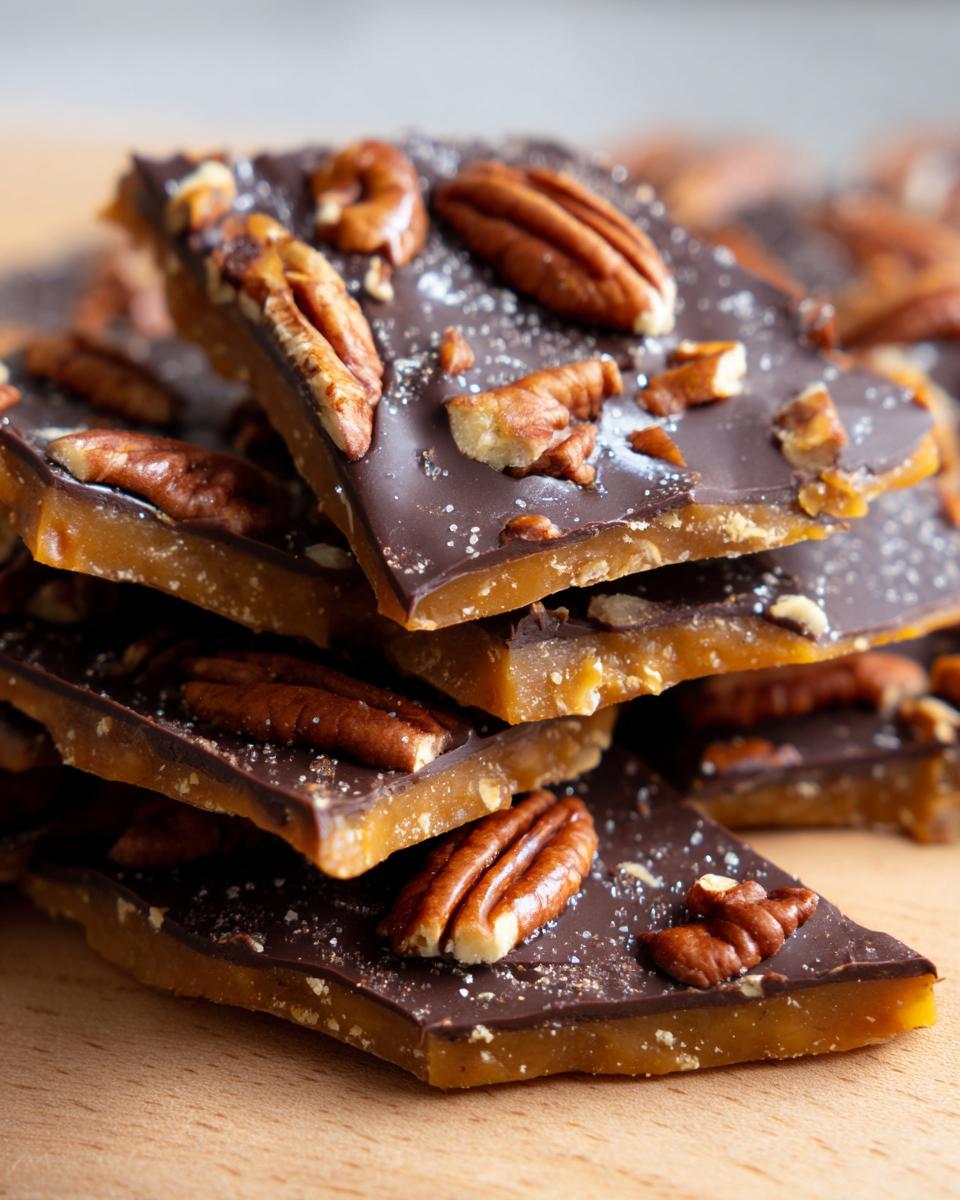 A close-up stack of broken pieces of Pecan Pie Bark, showing a caramel layer topped with dark chocolate and whole pecans.