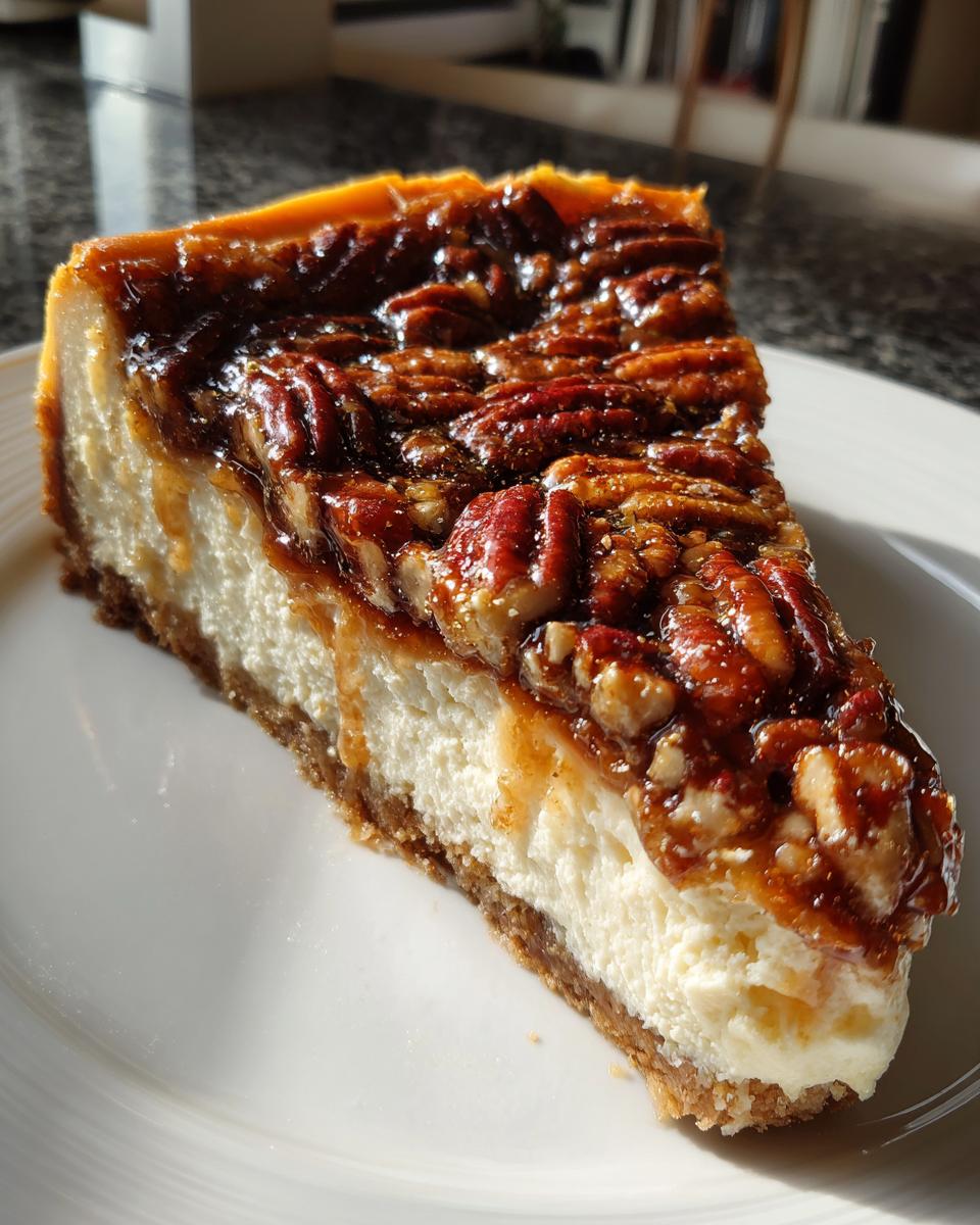 A perfect slice of pecan pie cheesecake featuring a thick graham cracker crust, creamy filling, and glossy pecan topping.