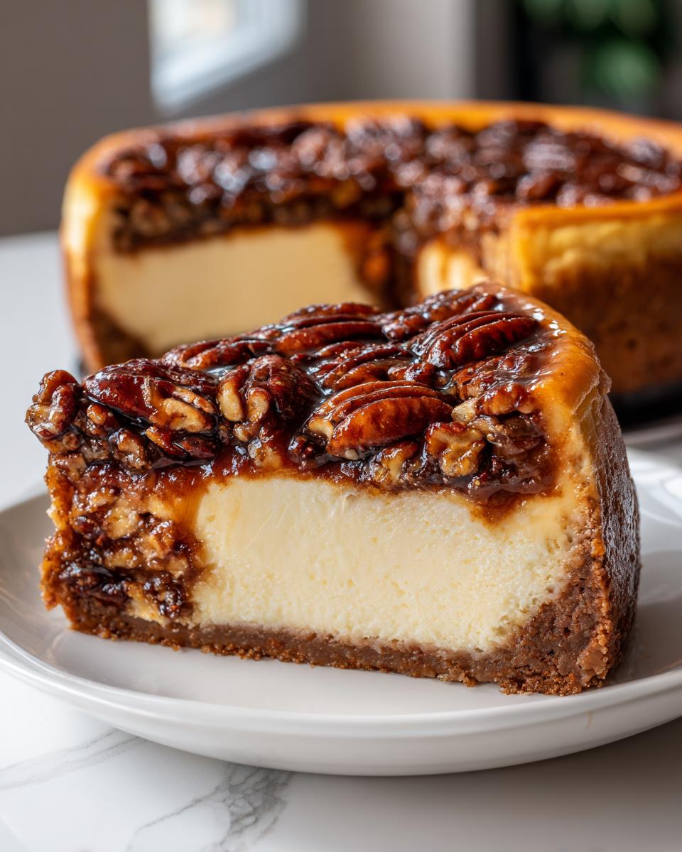 A close-up slice of rich pecan pie cheesecake showing the creamy filling and pecan topping.