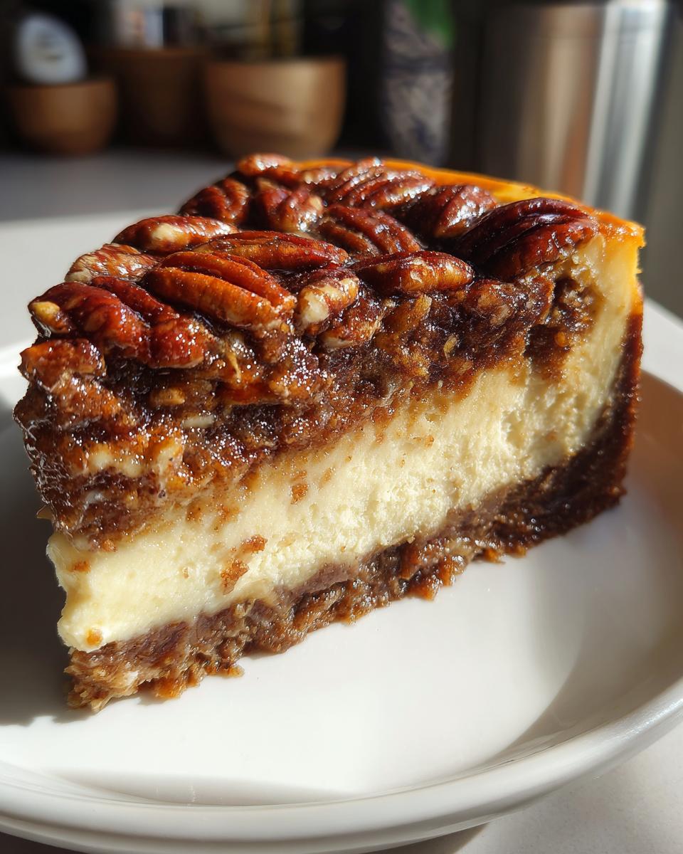 A perfect slice of pecan pie cheesecake showing layers of creamy filling and a glossy pecan topping.