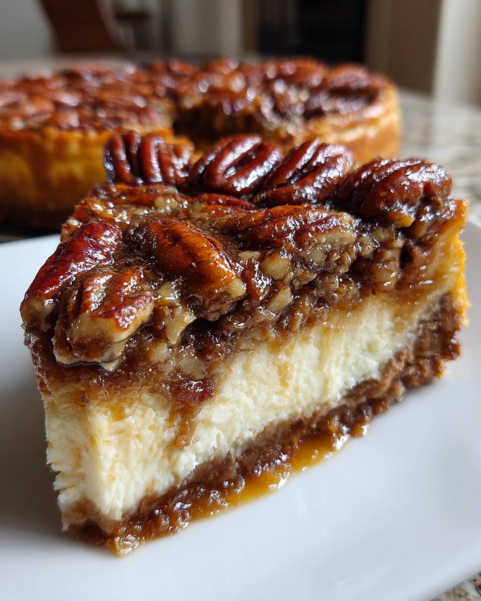 A close-up slice of pecan pie cheesecake showing creamy filling and a thick, glossy pecan topping.