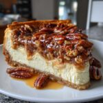 A decadent slice of pecan pie cheesecake with a thick, creamy filling and a sticky pecan topping.