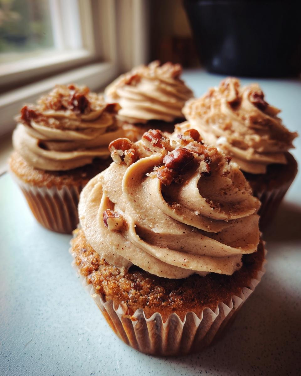 A close-up of several delicious pecan pie cupcakes topped with light brown, spiced frosting and chopped pecans.