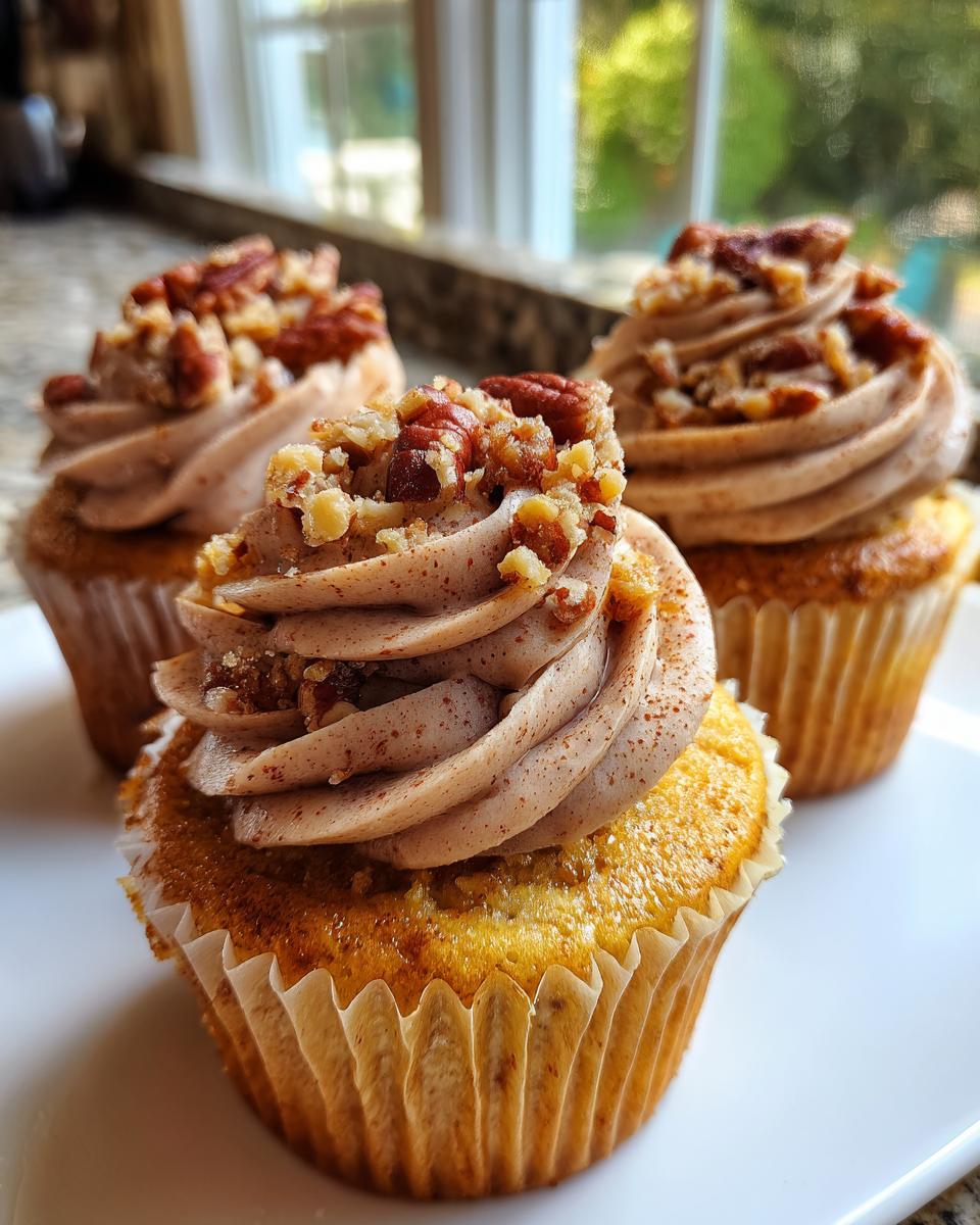 Three delicious pecan pie cupcakes topped with cinnamon-speckled frosting and chopped pecans, sitting on a white plate.
