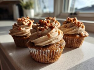 Four delicious pecan pie cupcakes topped with swirled, spiced frosting and chopped pecans, sitting on a counter.