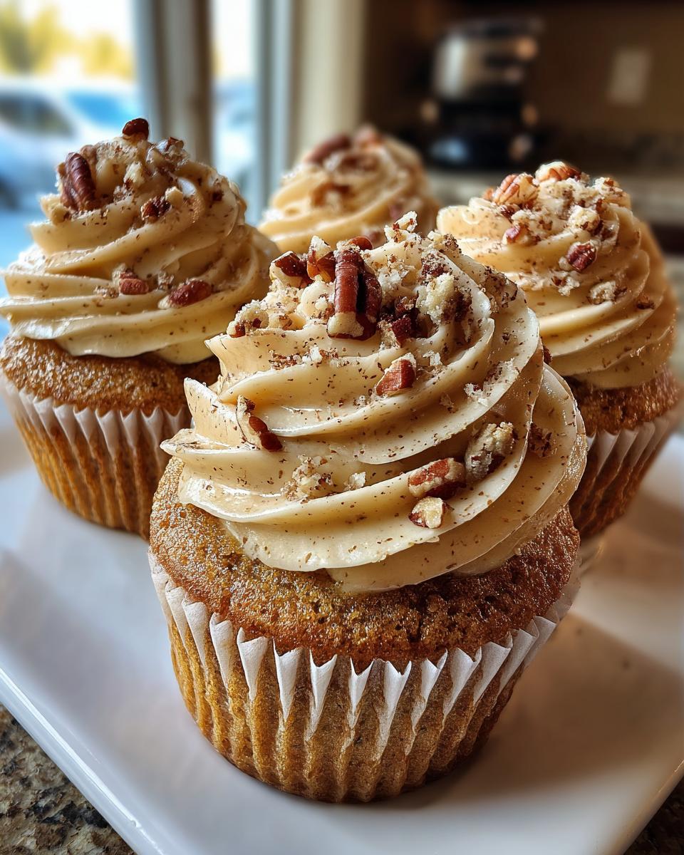 Four delicious pecan pie cupcakes topped with swirled, light brown frosting and chopped pecans.