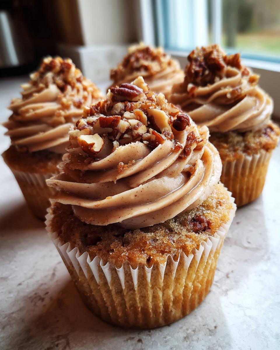 Four delicious pecan pie cupcakes topped with cinnamon-swirled frosting and chopped pecans.