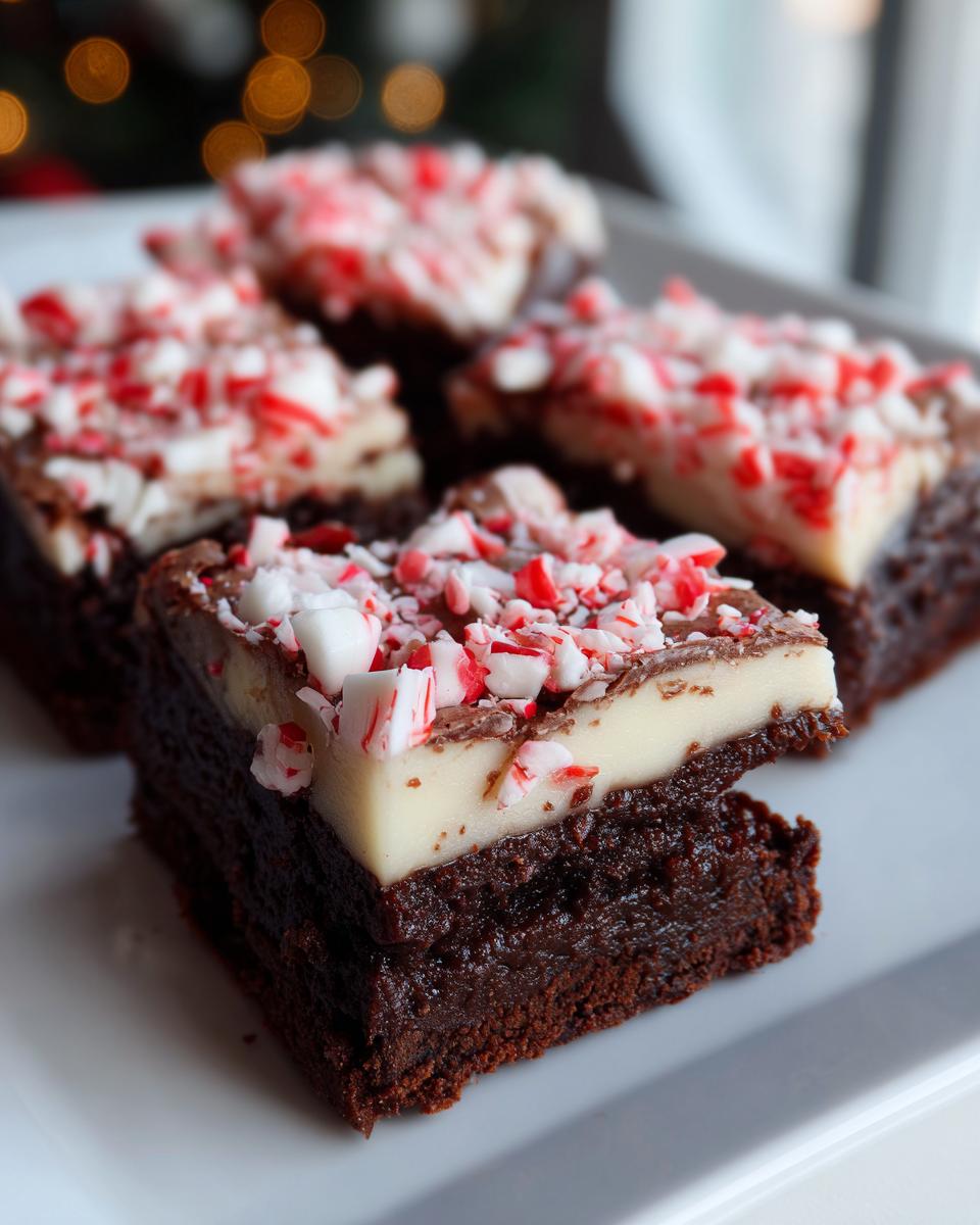 A close-up of rich, fudgy peppermint brownies topped with white frosting and crushed candy canes.