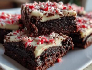 Two stacked, fudgy peppermint brownies topped with thick white frosting and crushed candy canes.