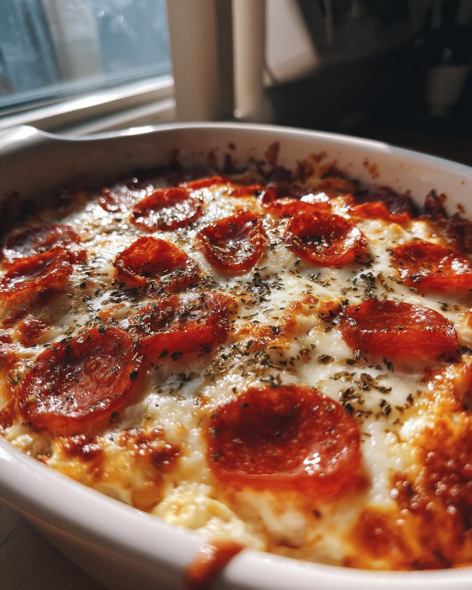 Close-up of a bubbling, cheesy pepperoni pizza dip topped with dried herbs, baked in a white oval dish.