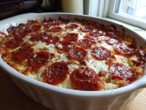 Close-up of a bubbling, baked pepperoni pizza dip topped with melted cheese and herbs in a white oval dish.