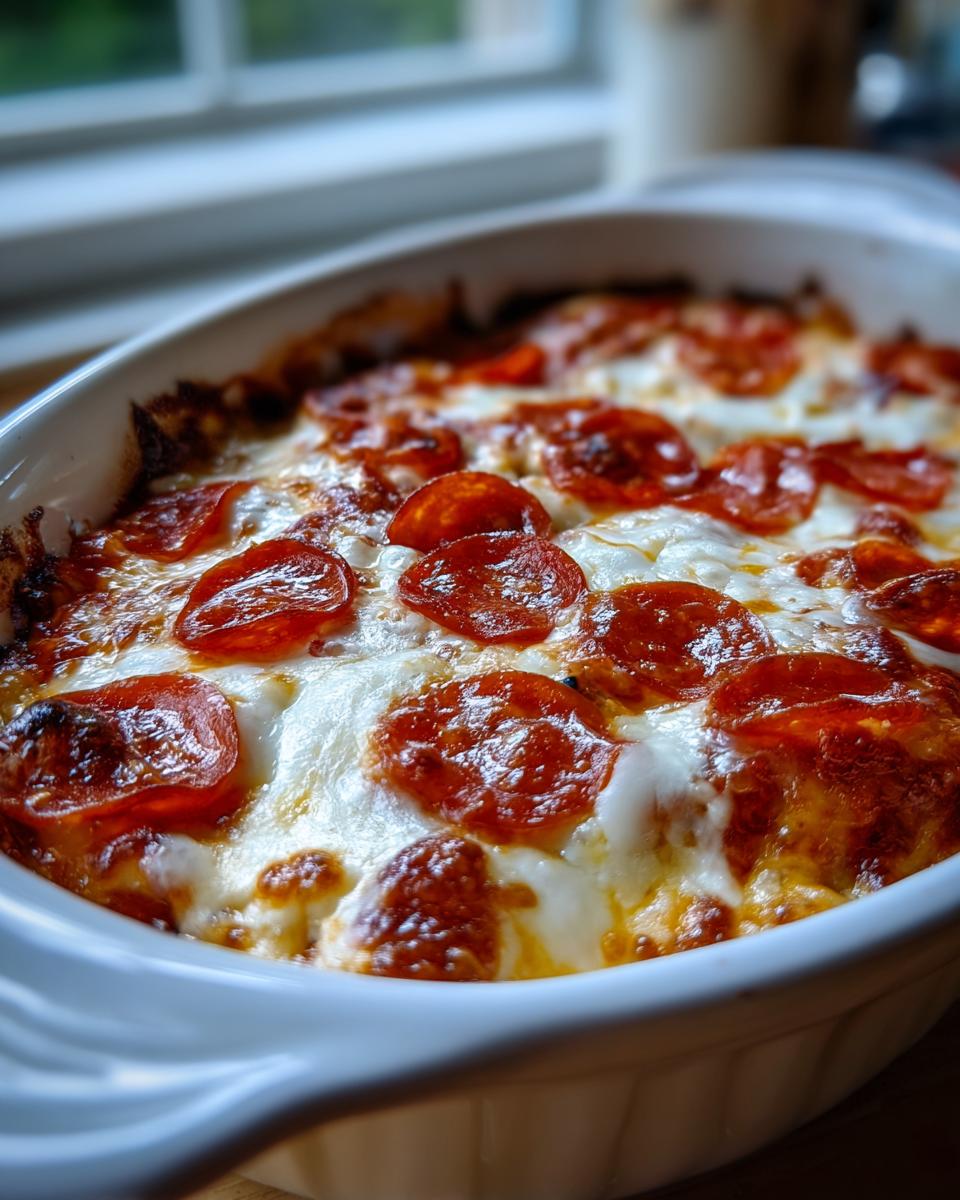 Close-up of a hot, bubbly pepperoni pizza dip topped with melted cheese in a white baking dish.
