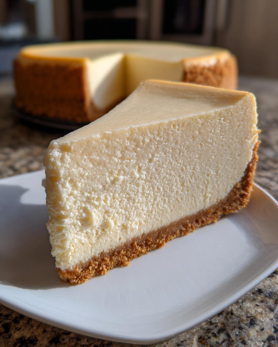A perfect slice of creamy cheesecake with a graham cracker crust on a white plate, whole cheesecake in background.