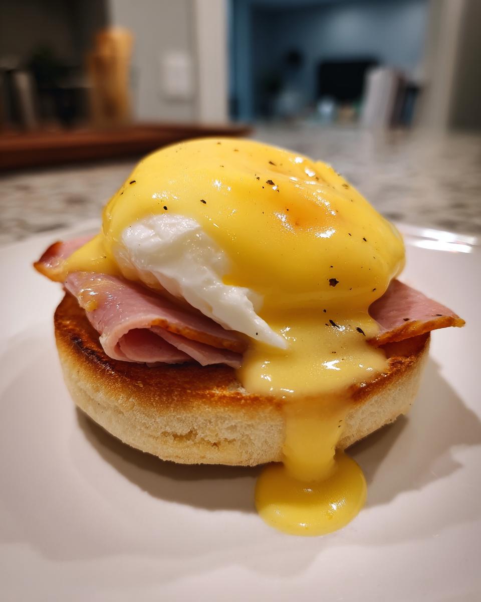 Close-up of a perfectly assembled eggs benedict on a toasted English muffin with ham and rich hollandaise sauce.
