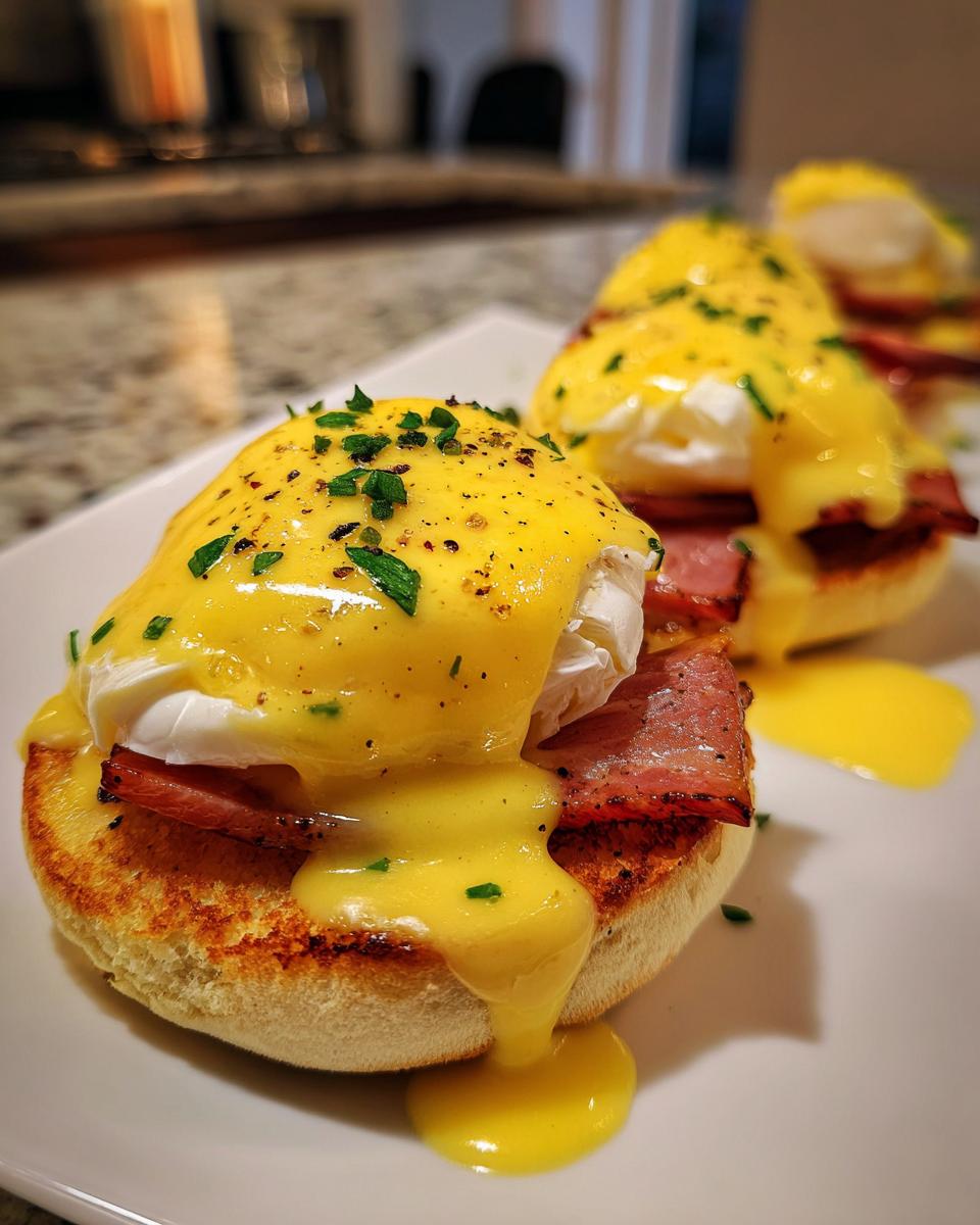 Close-up of delicious eggs benedict featuring a perfectly poached egg, ham, and rich hollandaise sauce drizzled over a toasted English muffin.